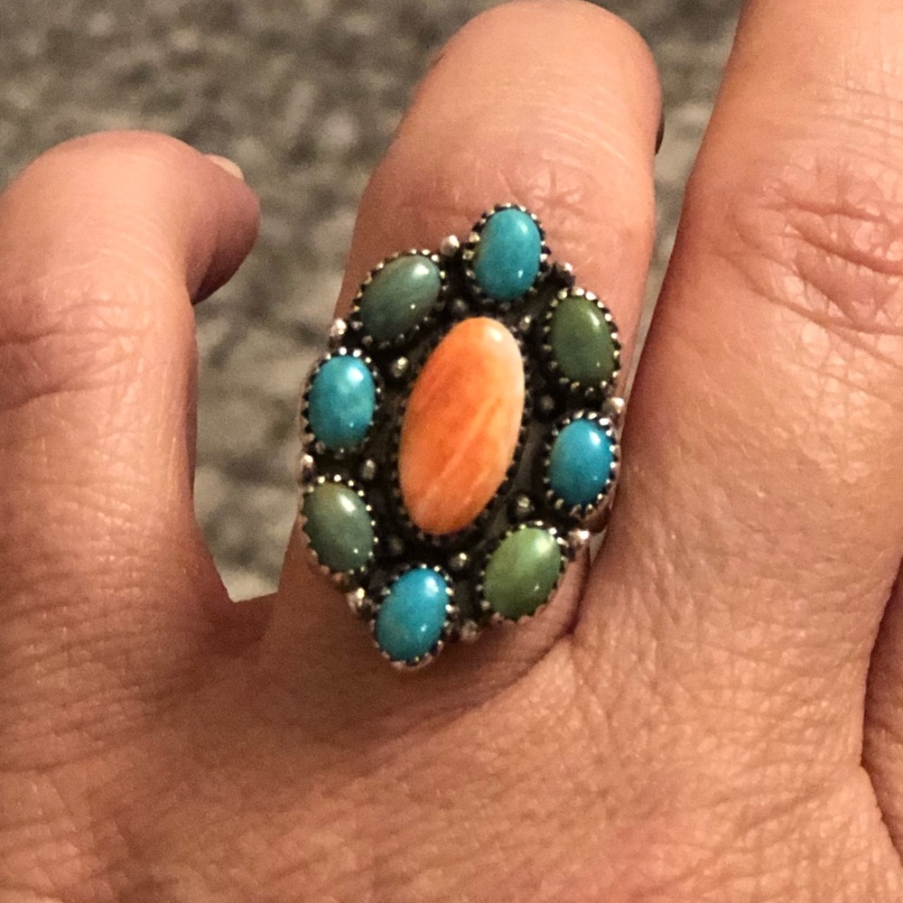 Sterling turquoise and spiney oyster ring size 7